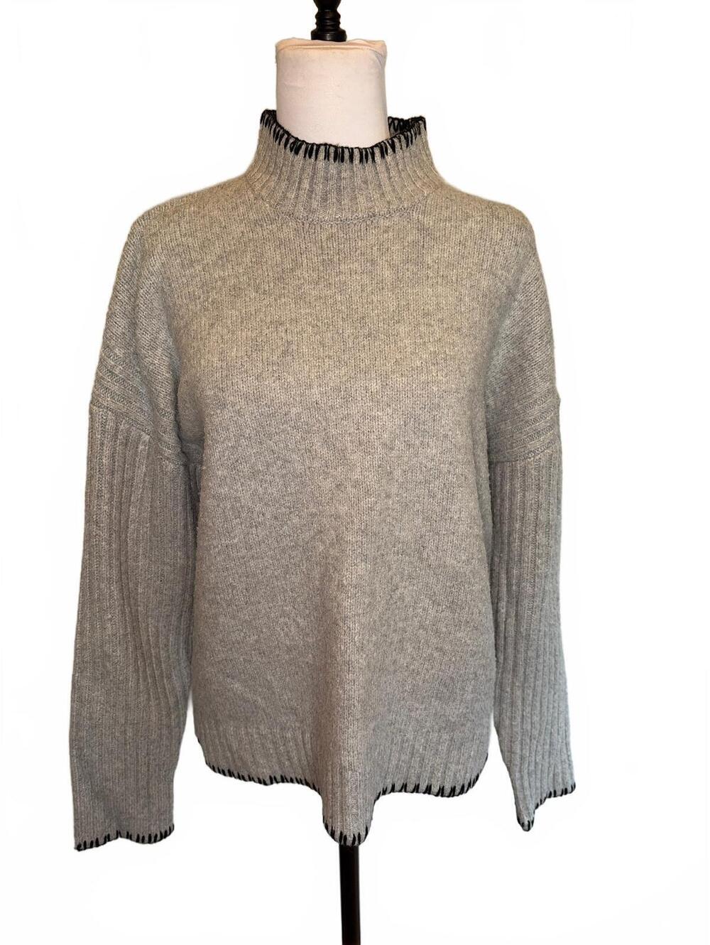 Joie L Light Gray Soft Stretch Mock Neck Sweater Black Whipstitch 90s Minimal